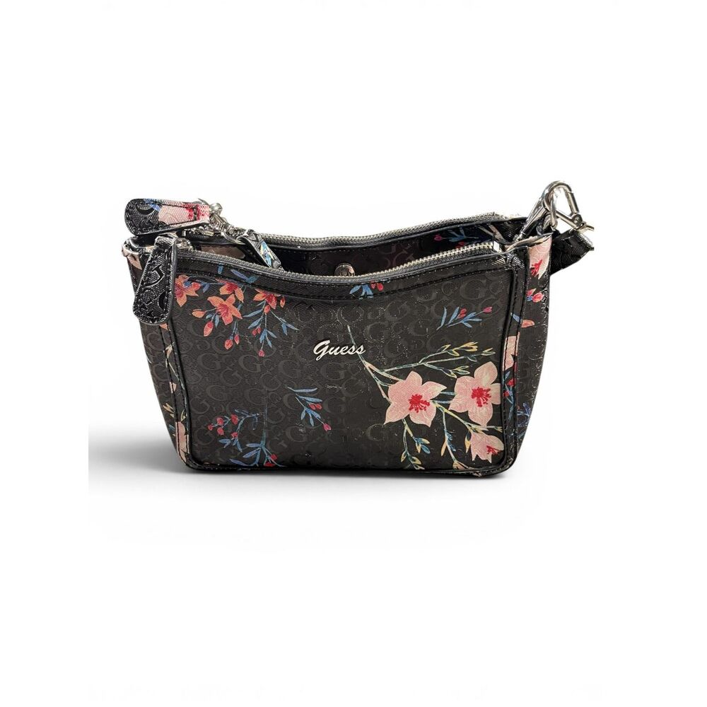 Guess Floral Logo Shoulder Bag Black Mini Hobo Y2K Zip Purse Small Handbag